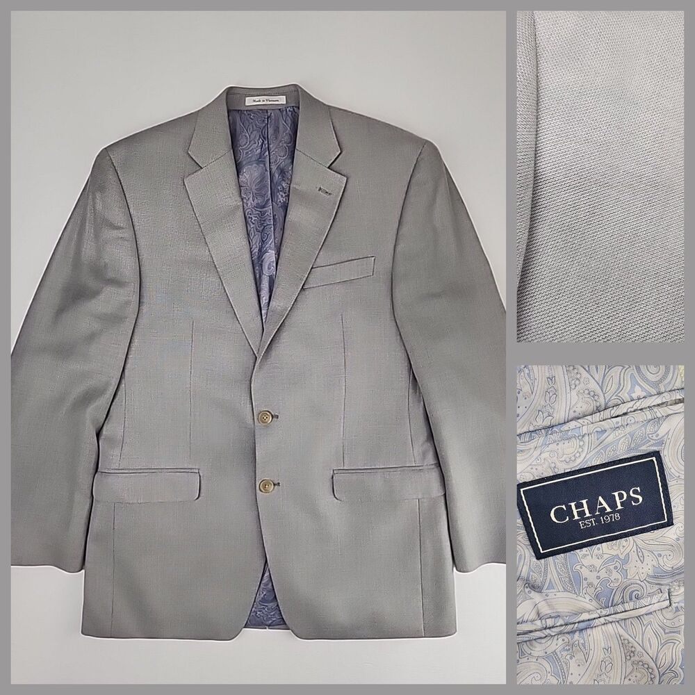 Chaps 40R | Gray Two Button Linen Blend Paisley‎ Lined Blazer Jacket Mens